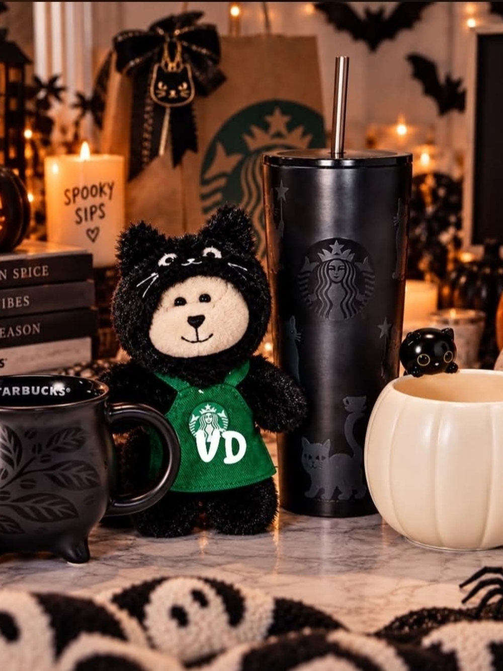 Starbucks Black Cat Stainless Steel Tumbler with Plush Bear